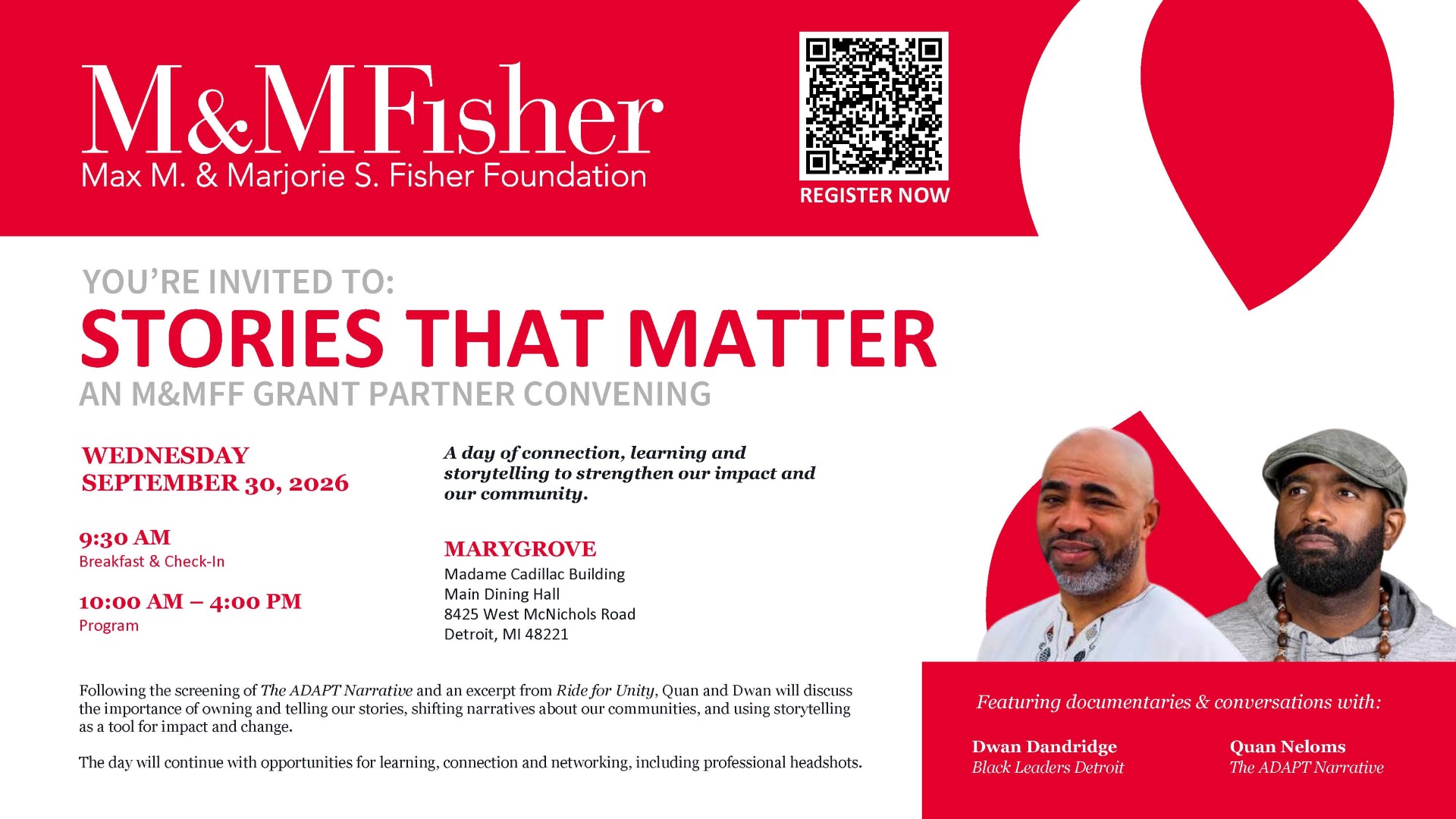 Flyer for Stories That Matter, a Max M. & Marjorie S. Fisher Foundation convening on September 30, 2026, featuring a screening of The ADAPT Narrative and a conversation with Quan Neloms