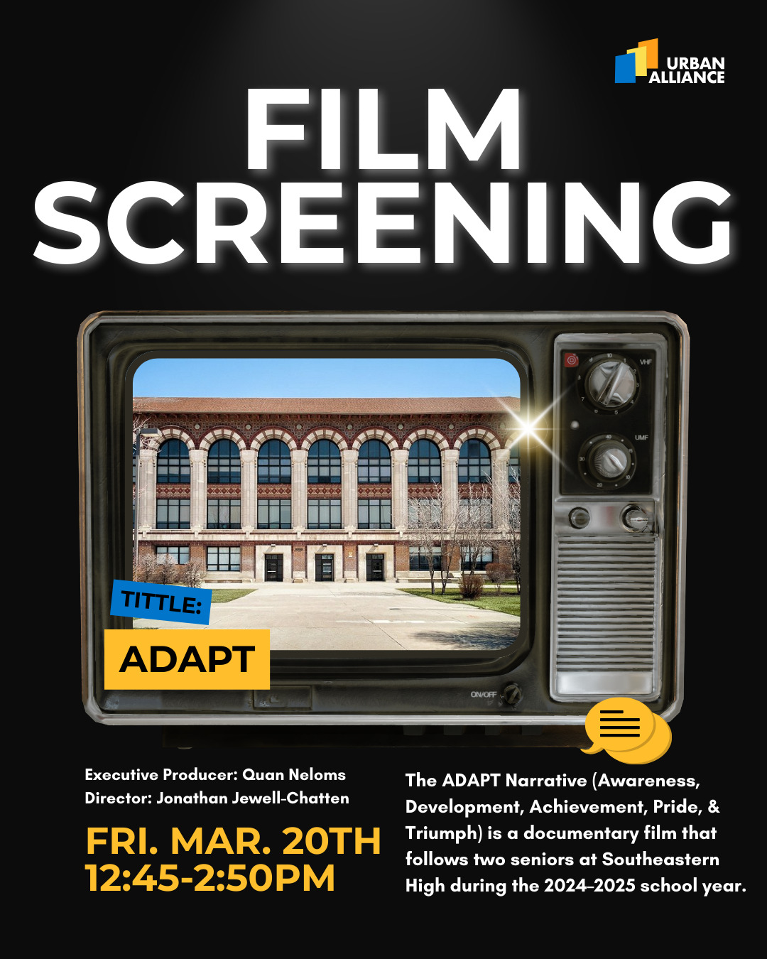 Urban Alliance film screening flyer for The ADAPT Narrative on Friday, March 20th from 12:45 to 2:50 PM