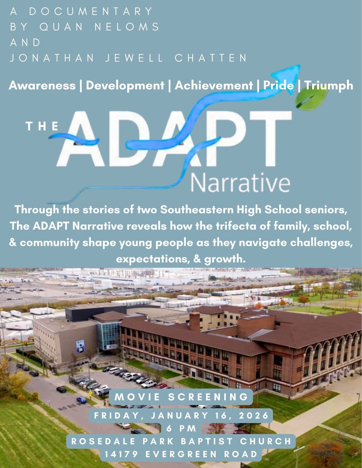 Flyer for The ADAPT Narrative screening at Rosedale Park Baptist Church on Friday, January 16, 2026 at 6 PM