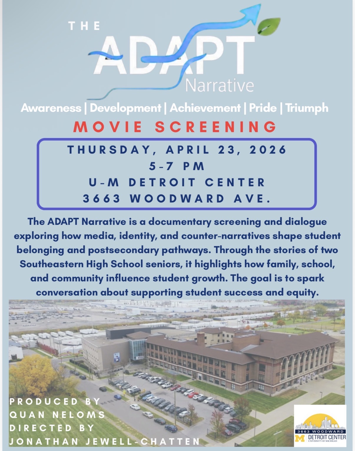 Flyer for The ADAPT Narrative movie screening on Thursday, April 23, 2026 from 5 to 7 PM at the U-M Detroit Center, 3663 Woodward Ave.