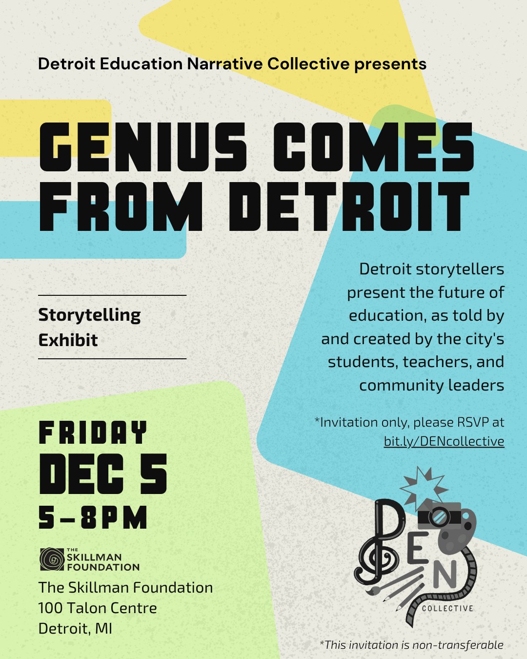 Flyer for Genius Comes From Detroit, a storytelling exhibit by the Detroit Education Narrative Collective on December 5 at The Skillman Foundation